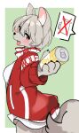  4_fingers anthro beverage_can blush bottomwear breasts canid canine canis claws clothed clothing cute_fangs digital_media_(artwork) female female_anthro finger_claws fingers fur grey_body grey_eyes grey_fur grey_hair hair hi_res holding_object jacket kemono looking_at_viewer looking_back looking_back_at_viewer mammal miniskirt nuk_sun open_mouth pictographics side_boob skirt solo speech_bubble text text_on_clothing tongue topwear wolf 