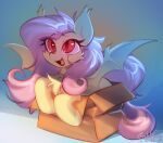  2022 absurd_res bat_pony bat_wings box chest_tuft container digital_media_(artwork) ear_tuft equid eyebrow_through_hair eyebrows eyelashes fangs female feral flutterbat_(mlp) fluttershy_(mlp) friendship_is_magic fur gicme hair hasbro head_tuft hi_res long_hair mammal membrane_(anatomy) membranous_wings my_little_pony open_mouth open_smile pink_hair pink_tail red_eyes signature smile solo spread_wings translucent translucent_hair tuft wing_claws wings yellow_body yellow_fur 