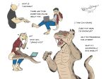  anthro bottomwear brownsdragon claws clothing computer denim denim_clothing dialogue fangs flannel grey_body grey_scales hi_res human human_to_anthro jeans laptop male mammal pants question reptile scales scalie shirt simple_background snake solo species_transformation topwear transformation transformation_sequence venom white_background 