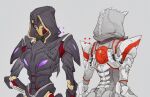  2girls apex_legends ash_(titanfall_2) chain_of_command_ash existential_threat_ash grey_background hand_on_hip highres hood hood_up humanoid_robot looking_at_viewer multiple_girls official_alternate_costume purple_eyes robot ruu47 science_fiction simulacrum_(titanfall) upper_body 