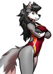  2022 anthro black_hair black_nose breasts canid canine canis clothing crossed_arms dipstick_tail female fluffy fluffy_tail fur grey_body grey_fur hair inner_ear_fluff long_hair mammal markings myke_greywolf_(character) mykegreywolf one-piece_swimsuit red_eyes solo swimwear tail_markings tuft white_body white_fur wolf 