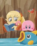  1girl :o blonde_hair blue_eyes blush blush_stickers book closed_mouth colored_skin commentary_request crab day eyelashes fish fumu_(kirby) green_eyes hair_ornament hand_up head_rest highres holding holding_book kine_(kirby) kirby kirby:_right_back_at_ya kirby_(series) long_hair miclot open_book open_mouth outdoors parted_lips ponytail red_footwear rock shoes sitting smile water yellow_skin 