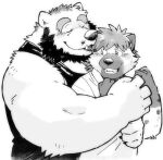  anthro beard clothing duo embrace ena_(lm) facial_hair garouzuki hug hyaenid male male/male mammal monochrome open_mouth shirt simple_background teeth_showing tom_(lm) tongue_showing topwear white_background 
