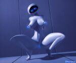  3d_(artwork) anthro big_breasts blush bodily_fluids breast_grab breasts crouching digital_media_(artwork) disney erect_nipples eve_(wall-e) female genital_fluids genitals glowing glowing_eyes glowing_genitalia glowing_nipples hand_on_breast hi_res horny machine nipple_fetish nipple_pinch nipple_play nipples pinch pixar pussy_juice robot rohaz shy slim solo source_filmmaker sweat wall-e wet wet_body 