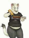  anthro bottomwear cettus clothing female food fur holding_object licking licking_lips looking_at_object mammal maren_sommer meat mustard mustela mustelid musteline overweight overweight_anthro overweight_female pants sausage shirt simple_background slightly_chubby solo standing stoat tongue tongue_out topwear true_musteline white_background white_body white_fur 