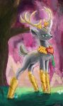  2015 absurd_res antlers black_nose cervid collar digital_media_(artwork) digital_painting_(artwork) feral forest fur green_eyes hasbro hi_res horn idw_publishing king_aspen_(mlp) male mammal my_little_pony my_little_pony_(idw) owlvortex plant quadruped royalty scut_tail short_tail signature solo standing tree white_body white_fur 