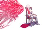  1girl armchair bangs barefoot bleeding blood blood_on_clothes blood_on_face blood_on_ground blood_on_wall blood_splatter blunt_bangs breasts buttons chair closed_eyes closed_mouth collared_shirt colored_skin corpse death extremely-nervess full_body gun highres long_hair monster on_chair original outstretched_arm pajamas pants reaching red_theme revolver shirt simple_background sitting small_breasts solo suicide surreal weapon white_background white_hair white_pajamas white_pants white_shirt white_skin white_theme 