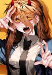  1girl black_necktie blonde_hair blue_hoodie chainsaw_man collared_shirt demon demon_girl demon_horns fangs haeb highres hood hoodie horns korean_commentary long_sleeves looking_at_viewer necktie orange_eyes power_(chainsaw_man) sharp_teeth shirt solo symbol-shaped_pupils teeth white_shirt yellow_background 