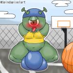  1:1 1_eye 2022 alien alien_humanoid alien_kid_(space_jam) axoarts backwards_baseball_cap backwards_hat ball baseball_cap basketball_(ball) basketball_court basketball_hoop belly big_bulge blush brown_eyes bulge clothing detailed_bulge fan_character green_body hand_behind_back hat headgear headwear huge_bulge humanoid hyper hyper_bulge ineffective_clothing male navel open_mouth shirt solo thick_thighs tongue tongue_out topwear 