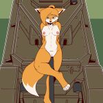  1:1 4_toes absurd_res anthro breasts canid canine feet female fox fur genitals green_eyes hair hi_res inner_ear_fluff looking_at_viewer mammal navel nipples nude orange_hair pussy smile solo tank the_man toes tuft vehicle white_body 