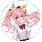  1girl absurdres animal_ear_fluff animal_ears black_ribbon blush breasts casual fang fate/grand_order fate_(series) fox_ears fox_girl fox_shadow_puppet hair_ribbon highres large_breasts mergerri nail_polish open_mouth pink_hair pink_nails ribbon simple_background skin_fang solo split_ponytail tamamo_(fate) tamamo_no_mae_(fate/extra) twintails upper_body white_background yellow_eyes 