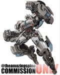  airborne blue_eyes clenched_hands commission full_body headlight highres mecha no_humans original parted_lips piston robot science_fiction simple_background smile solo tail_lights theamazingspino transformers twitter_username watermark wheel white_background 