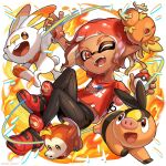  1boy arm_up artist_name bird black_pants chick commentary_request dark-skinned_male dark_skin fangs fire fuecoco full_body hand_up high_tops highres holding holding_poke_ball iria_(yumeirokingyo) looking_at_viewer male_focus octoling octoling_boy one_eye_closed open_mouth pants pig poke_ball poke_ball_(basic) pokemon pokemon_(creature) print_shirt rabbit red_eyes red_footwear red_hair red_shirt scorbunny shirt shoes short_hair short_sleeves smile sneakers splatoon_(series) splatoon_3 t-shirt teeth tentacle_hair tepig tongue torchic twitter_username white_background 