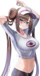  1girl absurdres arms_up blue_eyes breasts brown_hair commentary_request crop_top double_bun doughnut_hair_bun hair_bun hanasaka_houcha highres holding holding_poke_ball large_breasts long_hair midriff navel pants parted_lips poke_ball poke_ball_(basic) poke_ball_print pokemon pokemon_(game) pokemon_bw2 raglan_sleeves rosa_(pokemon) simple_background solo stomach sweat twintails very_long_hair visor_cap white_background yoga_pants 