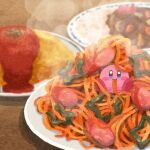  blue_eyes blush blush_stickers closed_mouth commentary_request eating food food_in_mouth highres kirby kirby_(series) looking_at_viewer miclot no_humans pasta pink_footwear plate shoes smile spaghetti star_(symbol) steam table tomato_sauce 