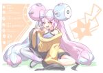  1girl bow-shaped_hair character_hair_ornament grey_pantyhose hair_ornament hexagon_print highres iono_(pokemon) jacket long_hair low-tied_long_hair multicolored_hair oversized_clothes pantyhose pokemon pokemon_(game) pokemon_sv sharp_teeth single_leg_pantyhose sleeves_past_fingers sleeves_past_wrists solo split-color_hair syam_illust teeth very_long_sleeves x yellow_jacket 