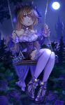  1girl absurdres asymmetrical_legwear bangs blonde_hair blurry commentary depth_of_field detached_sleeves dress eyepatch fischl_(ein_immernachtstraum)_(genshin_impact) fischl_(genshin_impact) flower forest frilled_dress frills full_body full_moon genshin_impact hair_over_one_eye highres holding horizon lili_messaina long_hair long_sleeves looking_at_viewer mismatched_legwear moon moonlight nature night night_sky official_alternate_costume parted_lips purple_flower purple_rose red_eyes rose sidelocks sitting sky solo star_(sky) starry_sky swing thighhighs tiara tree white_thighhighs zettai_ryouiki 