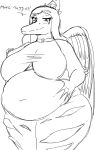  anthro belly belly_grab big_breasts blush bottomwear breasts choker chubby_female clothing dinosaur english_text fang_(gvh) feathered_wings feathers female goodbye_volcano_high hi_res jewelry looking_at_viewer makeup monochrome navel necklace overweight overweight_female pants pterodactylus pterosaur reptile scalie sketch slightly_chubby snoot_game_(fan_game) solo text torn_bottomwear torn_clothing torn_pants video_games wings 