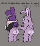  2022 anthro bandanna barefoot blush blush_marks butt cheek_markings clothed clothing digital_drawing_(artwork) digital_media_(artwork) english_text facial_markings feet flat_colors floppy_ears fluffy fur gloves grey_background handwear head_markings kerchief lagomorph leporid looking_at_viewer looking_back looking_back_at_viewer mage_period male mammal mario_bros markings nabbit nintendo nude partially_clothed profanity purple_body purple_clothing purple_eyes purple_fur rabbit rear_view short signature simple_background solo surprise surprised_expression text tuft undressing undressing_self video_games watermark 
