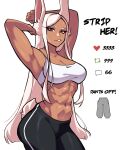  1girl abs absurdres animal_ears armpits arms_up bangs bare_shoulders black_pants boku_no_hero_academia breasts dark-skinned_female dark_skin english_text highres large_breasts like_and_retweet long_eyelashes long_hair looking_at_viewer midriff mirko moi_yablochki muscular muscular_female navel nike pants parted_bangs parted_lips rabbit_ears rabbit_girl rabbit_tail red_eyes solo sports_bra stomach tail twitter_strip_game very_long_hair white_background white_hair white_sports_bra 