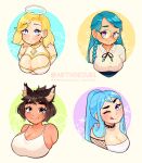  4girls absurdres animal_ear_fluff animal_ears aqua_hair arthoesuki artist_name bangs black_hair blonde_hair blue_eyes blue_hair blush borrowed_character braid breasts brown_eyes camisole cleavage cleavage_cutout clothing_cutout collar collared_shirt cropped_torso glasses highres iru_may_(akairiot) large_breasts long_hair medium_breasts medium_hair monami_angel_(dice_coffeedox) multiple_girls one_eye_closed original ponytail purple_eyes round_eyewear shirt short_hair side_braid sidelocks single_braid smile sofia_(gaziter) spiked_collar spikes tongue tongue_out upper_body vicky_wang white_camisole white_shirt 