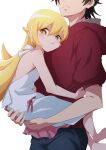  1boy 1girl absurdres araragi_koyomi bakemonogatari bare_shoulders blonde_hair blush carrying carrying_person cheek_press child_carry closed_mouth dress highres hood hoodie hug kiss-shot_acerola-orion_heart-under-blade long_hair monogatari_(series) nijizuki_shino oshino_shinobu red_hoodie sideways_mouth simple_background size_difference sleeveless sleeveless_dress vampire white_background white_dress yellow_eyes 