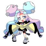  bow-shaped_hair character_hair_ornament chibi grey_pantyhose hair_ornament hexagon_print iono_(pokemon) jacket long_hair low-tied_long_hair multicolored_hair oversized_clothes pantyhose pokemon pokemon_(game) pokemon_sv sharp_teeth sleeves_past_fingers sleeves_past_wrists soboro_(jitome_dan) split-color_hair teeth very_long_sleeves x yellow_jacket 