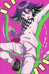  1boy :d arm_up bangs black_hair buttons checkered_clothes checkered_scarf danganronpa_(series) danganronpa_v3:_killing_harmony double-breasted green_background grey_pants hair_between_eyes hand_up highres jacket long_sleeves looking_at_viewer male_focus multicolored_background open_mouth ouma_kokichi pants pink_background purple_eyes scarf shiny shiny_hair shoes short_hair smile solo teeth upper_teeth urami0310 