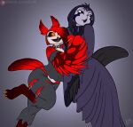 anthro avian beak biped bird bottomwear claws clothed clothing collar digital_media_(artwork) dress drxii duo embrace feathered_wings feathers feet female female/female goth hi_res hug legwear open_mouth owl sibling simple_background sister sisters smile tail_feathers tongue torn_clothing winged_arms wings 