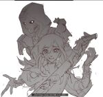  3girls android animal_on_shoulder animification apex_legends ash_(titanfall_2) ashleigh_reid chinese_commentary colored_sclera crying crying_with_eyes_open dual_persona goggles goggles_on_head greyscale highres holding holding_sword holding_weapon hood hood_up horizon_(apex_legends) jacket light_smile long_hair looking_at_viewer monochrome mouse multiple_girls open_hand outstretched_arm reflection ruu47 scared simulacrum_(titanfall) sketch smile sword tears weapon white_background 