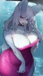  1girl animal_ears animal_nose bangs blue_fur body_fur breasts choker cleavage commission curled_fingers curvy dress fox_ears fox_girl fox_tail furry furry_female grey_hair half-closed_eyes head_tilt highres huge_breasts long_hair looking_at_viewer open_mouth original pink_choker pink_dress purple_eyes rain skeb_commission snout solo suurin_(ksyaro) tail twitter_username white_fur 