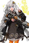  1girl bangs black_dress black_jacket braid c.a.r._smg character_name collared_shirt commentary cowboy_shot crossover dress grey_hair grey_shirt gun hair_ornament highres holding holding_gun holding_weapon jacket kizuna_akari kotone_a leaning_to_the_side long_hair open_mouth orange_pantyhose pantyhose pun shirt smile solo sparkle striped striped_pantyhose submachine_gun titanfall_(series) titanfall_2 trigger_discipline twin_braids v-shaped_eyebrows very_long_hair voiceroid weapon 