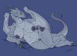  anthro big_breasts breasts claws dragon female genitals green_eyes hand_on_hip hi_res horn lying membrane_(anatomy) membranous_wings navel nipples non-mammal_breasts nude on_side pussy scalie skye3337 solo wide_hips wings 