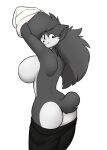  angry anthro big_breasts big_butt big_hair black_bottomwear black_clothing black_pants blush bottomwear bottomwear_down breasts butt clothed clothing domestic_cat felid feline felis female fur grey_body grey_fur grey_hair hair hexteknik hi_res huge_breasts inner_ear_fluff looking_back mammal multicolored_body multicolored_fur noki_(hexteknik) pants pants_down partially_clothed shirt short_tail side_boob simple_background solo topwear tuft two_tone_body two_tone_fur undressing unseen_character white_background white_body white_clothing white_fur white_shirt white_topwear 