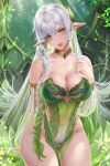  1girl bare_shoulders braid braided_ponytail breasts cleavage cross-shaped_pupils dress elf forest genshin_impact green_dress green_eyes green_hair highres large_breasts lips looking_at_viewer multicolored_hair nahida_(genshin_impact) nature pointy_ears prywinko solo streaked_hair symbol-shaped_pupils thick_thighs thighs white_hair 