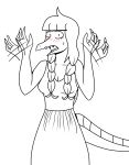  anthro blush bodily_fluids bottomwear braided_hair clothed clothing dinosaur fanning fanning_self female goodbye_volcano_high hair hi_res line_art long_snout looking_at_viewer machacapigeon monochrome open_mouth reptile rosemary_(gvh) scalie sharp_teeth sketch skirt snoot_game_(fan_game) snout solo sweat teeth wide_eyed 