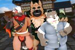  3d_(artwork) accessory anthro belly brown_body brown_fur canid canine canis clothing digital_media_(artwork) domestic_dog fur group hair headband headgear headwear hi_res humanoid_hands kemono lifewonders male malicekira mammal mmd moritaka muscular overweight overweight_male scar tadatomo tokyo_afterschool_summoners trio video_games white_hair yasuyori 