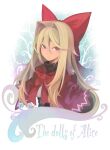  1girl :/ absurdres bangs blonde_hair bow bowtie capelet commentary corset english_text hair_between_eyes hair_bow hair_intakes highres hourai_doll large_bow long_hair looking_at_viewer morino_hon purple_eyes red_bow red_bowtie red_capelet serious sidelocks solo touhou turtleneck upper_body v-shaped_eyebrows very_long_hair 