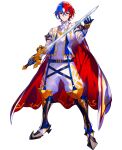  1boy alear_(fire_emblem) alear_(fire_emblem)_(male) armor bangs blue_eyes blue_hair boots cape character_name crossed_bangs fire_emblem fire_emblem_engage gloves heterochromia highres holding holding_sword holding_weapon mika_pikazo multicolored_hair official_art pointy_footwear red_eyes red_hair simple_background smile sword two-tone_hair weapon white_background 