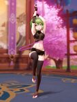  1girl 3d_background absurdres armpits arms_up bangs blurry commentary depth_of_field english_commentary fingerless_gloves fishnet_fabric full_body genshin_impact gloves green_hair hair_between_eyes highres hoop hula_hoop kuki_shinobu long_hair looking_at_viewer luizhtx navel ninja ponytail purple_eyes short_shorts shorts sidelocks sleeveless solo standing standing_on_one_leg stirrup_legwear stomach stomach_tattoo tattoo toeless_legwear zettai_ryouiki 