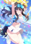 1girl animal_ears armpits arms_up bangs blue_archive blue_skirt blunt_bangs blush breasts cheerleader confetti crop_top dog_ears dog_girl dog_tail goggles goggles_on_head hibiki_(blue_archive) hibiki_(cheerleader)_(blue_archive) highres holding holding_pom_poms large_breasts long_hair looking_at_viewer miniskirt mitabi_tsukasa navel official_alternate_costume open_mouth pom_pom_(cheerleading) shoes sidelocks skirt sneakers solo stomach tail white_footwear white_skirt yellow_halo 