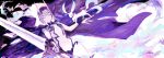  1girl animal bangs bare_shoulders bob_cut breasts collarbone eyeliner fate/grand_order fate_(series) haku_(fate) headpiece highres horns japanese_clothes kimono long_sleeves looking_at_viewer lousun makeup oni oni_horns purple_eyes purple_hair purple_kimono revealing_clothes short_hair shuten_douji_(fate) skin-covered_horns small_breasts sword weapon wide_sleeves 