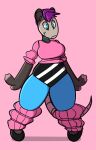  2018 anthro black_body black_clothing black_fur blue_clothing blue_eyes breasts clothing dogfluid fangs female fur grey_body grey_fur hair hi_res legwear mammal markings marsupial phalangeriform pink_clothing purple_hair smile solo tail_markings topwear white_clothing 