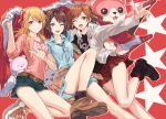  3girls :3 ;d aijou_karen aimoto_rinku arm_up bang_dream! bangs bare_legs belt belt_buckle black_bow black_footwear black_shirt black_socks blonde_hair blue_shirt blue_skirt blush bow breasts brown_belt brown_eyes brown_footwear brown_hair buckle bushiroad buttons clothes_around_waist clothes_writing collarbone collared_shirt commentary_request company_connection cone_hair_bun convenient_leg crossover cutoffs d4dj denim denim_skirt double_bun electric_guitar finger_gun foot_out_of_frame fur-trimmed_jacket fur_trim furukawa_wanosuke grin guitar hair_bow hair_bun hair_ornament hair_ribbon hand_up hands_up headphones headphones_around_neck highres holding holding_clothes holding_jacket hood hood_down hooded_jacket instrument jacket jacket_removed jewelry knee_up leg_up long_hair long_shirt long_sleeves looking_at_viewer medium_breasts michelle_(bang_dream!) miniskirt multiple_crossover multiple_girls necklace nyochio_(d4dj) one_eye_closed one_side_up open_clothes open_jacket open_mouth orange_footwear orange_hair outstretched_arm parted_lips pendant pink_eyes pink_shirt plaid plaid_skirt plaid_socks pleated_skirt purple_eyes red_background red_jacket red_ribbon red_skirt red_socks ribbon shirt shoe_soles shoes short_hair short_sleeves shoujo_kageki_revue_starlight side-by-side skirt sleeves_past_elbows smile sneakers socks sparkle star_(symbol) star_hair_ornament star_necklace starry_background striped striped_ribbon stuffed_animal stuffed_cat stuffed_toy swept_bangs teddy_bear teeth toyama_kasumi two-tone_footwear upper_teeth v-shaped_eyebrows white_footwear white_jacket 
