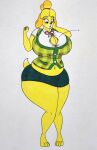  animal_crossing anthro big_breasts big_butt bottomwear breasts butt button_pop canid canine canis cleavage clothed clothing domestic_dog female fur hand_on_face hi_res isabelle_(animal_crossing) mammal midriff muffin_top nintendo pudgy_belly shih_tzu skirt slightly_chubby solo surprised_expression thaliaglacyswells thick_thighs toy_dog video_games yellow_body yellow_fur 