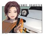  1girl absurdres artist_name bag brown_eyes brown_hair car eunos_roadster facing_viewer ground_vehicle hand_up highres looking_at_viewer masa_(siriusu-koko) motor_vehicle orange_shirt original portrait shirt short_hair shoulder_bag solo tongue tongue_out upper_body v 