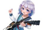  1girl :d armband bangs blue_eyes blue_hair blue_ribbon blue_sailor_collar blue_skirt commentary_request copyright_request cosplay electric_guitar grey_hair guitar hair_between_eyes hair_ornament hair_ribbon hairclip highres holding holding_instrument holding_plectrum indie_virtual_youtuber instrument kita_high_school_uniform long_sleeves looking_at_viewer multicolored_hair nail_polish pleated_skirt plectrum puffy_long_sleeves puffy_sleeves purple_nails reityana ribbon sailor_collar school_uniform shirt simple_background skirt smile solo suzumiya_haruhi suzumiya_haruhi_(cosplay) suzumiya_haruhi_no_yuuutsu two-tone_hair v-shaped_eyebrows virtual_youtuber white_background white_shirt 