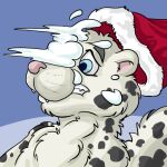  1:1 anthro black_spots blue_eyes christmas christmas_clothing christmas_headwear clothing flinters fur hat headgear headwear holidays male mammal mink mustelid musteline nude pink_nose santa_hat snow snowball solo spots spotted_body spotted_fur true_musteline white_body white_fur 
