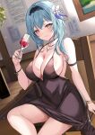  1girl alcohol alternate_costume aqua_hair arm_strap bangs bare_shoulders black_hairband breasts brown_eyes cleavage commentary_request dress drink eula_(genshin_impact) genshin_impact glass hairband halter_dress halterneck harimoji highres holding holding_drink indoors large_breasts looking_at_viewer short_hair sideboob sidelocks sitting solo thighs wine 