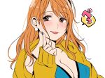  1girl blue_nails blush breasts chiya_op cleavage earrings hand_up index_finger_raised jewelry large_breasts long_hair long_sleeves looking_at_viewer nami_(one_piece) one_piece orange_eyes orange_hair pearl_earrings solo tongue tongue_out upper_body white_background 